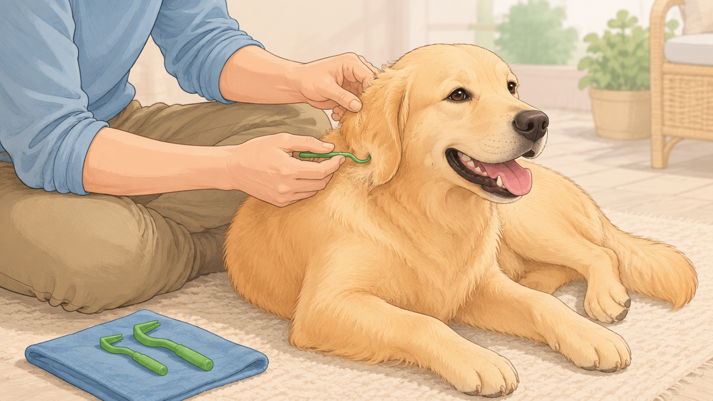 Personne retirant une tique du cou d’un chien avec un crochet retire-tique