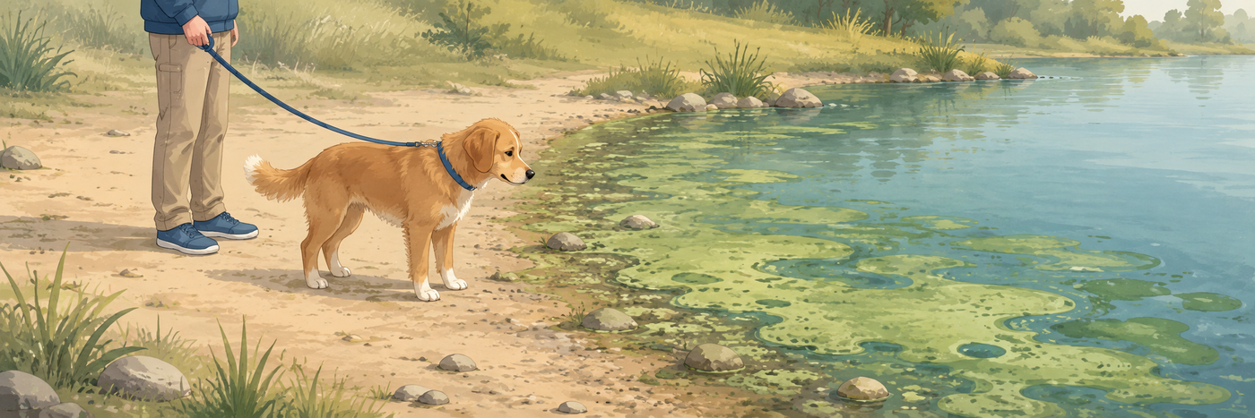 Chien près d’un point d’eau présentant un risque de cyanobactéries