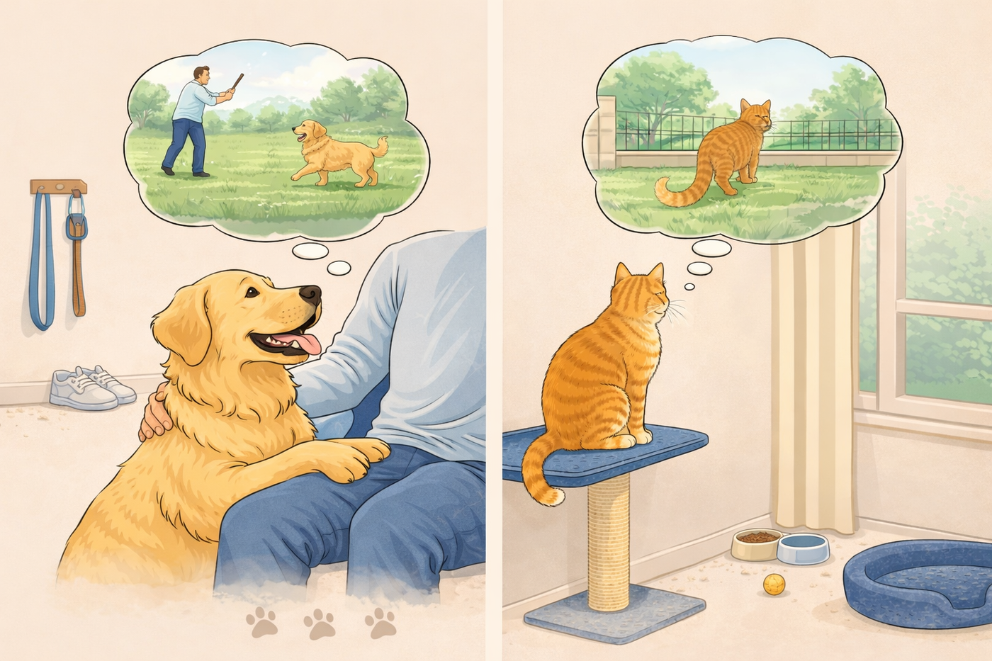 Chien et chat installés ensemble dans un salon illustrant leurs besoins différents au quotidien