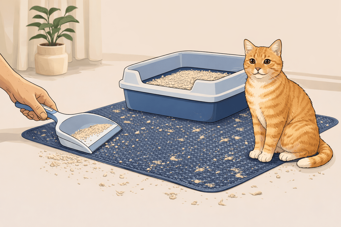 Chat devant un bac à litière avec un tapis récupérateur de litière