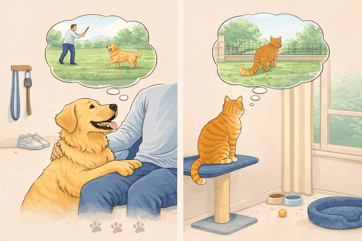 Chien et chat installés ensemble dans un salon illustrant leurs besoins différents au quotidien