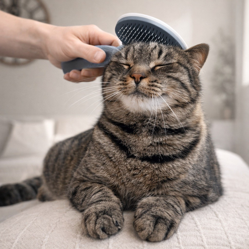 Chat se faisant brosser avec une brosse auto-nettoyante