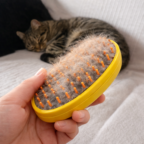 Chat brossé avec une brosse brumisante