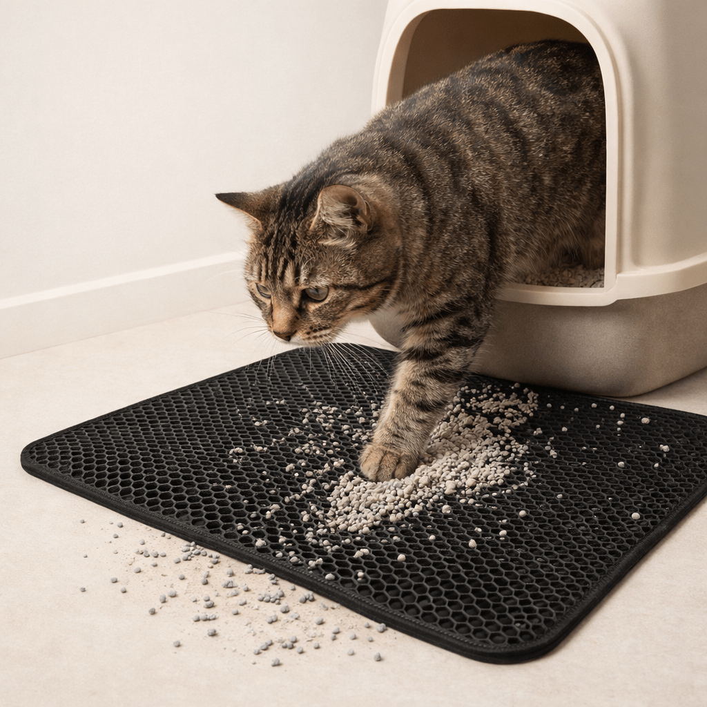 Chat marchant sur un tapis de litière noir à double couche