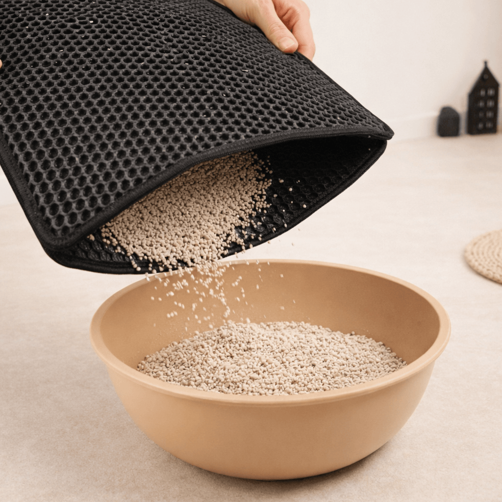 Tapis de litière noir retenant les grains de litière lors du nettoyage